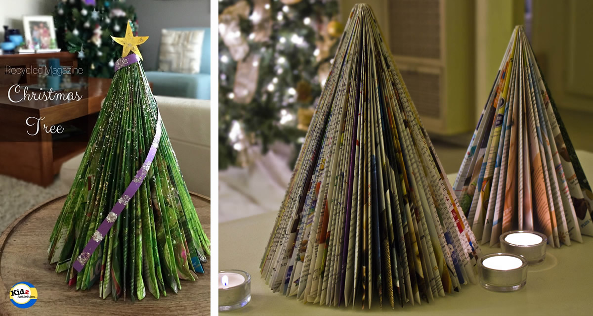 Alberelli di Natale con riviste riciclate